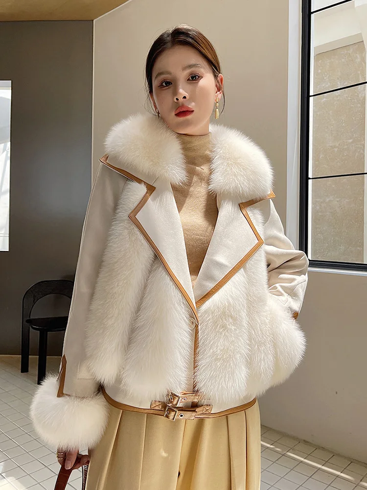 New Women Real Fur Coat Autumn Winter Fashion Thick Warm Suit Collar Fox Fur Suede Patchwork Fur Jacket Loose Outerwear Female enlarge