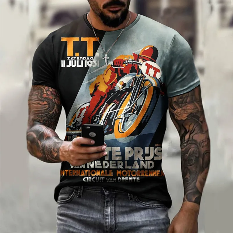 

European and American style men's summer T-shirt, Man Island TT T-shirt, 3D motorcycle print T-shirt, casual mesh T-shirt polyester material with round neck