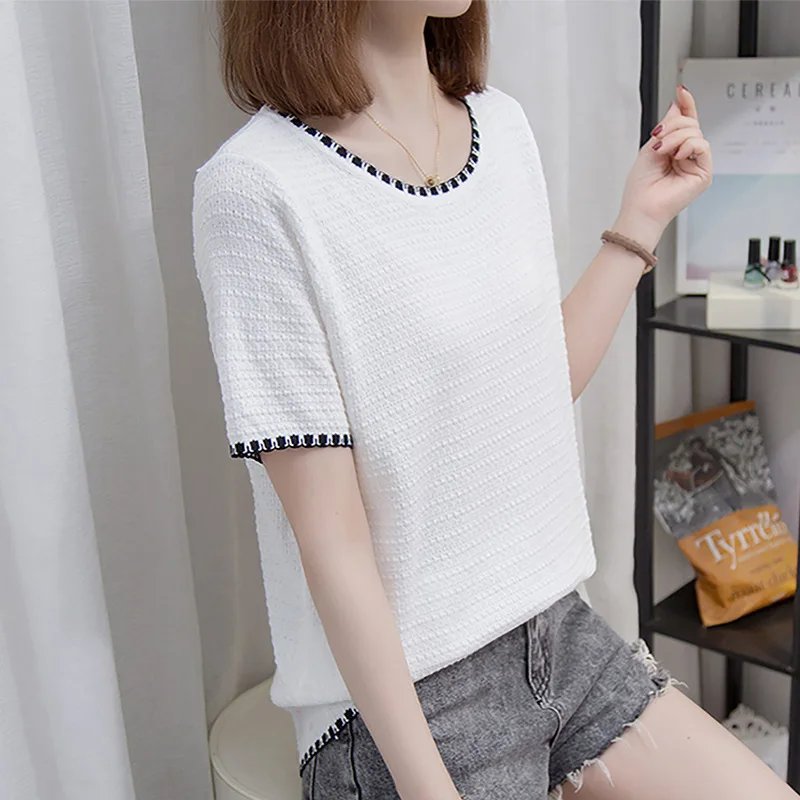 

Тонкая Вязаная футболка, Топ для женщин, Новинка лета 2023, универсальный вязаный пуловер для женщин, Корейская версия футболки