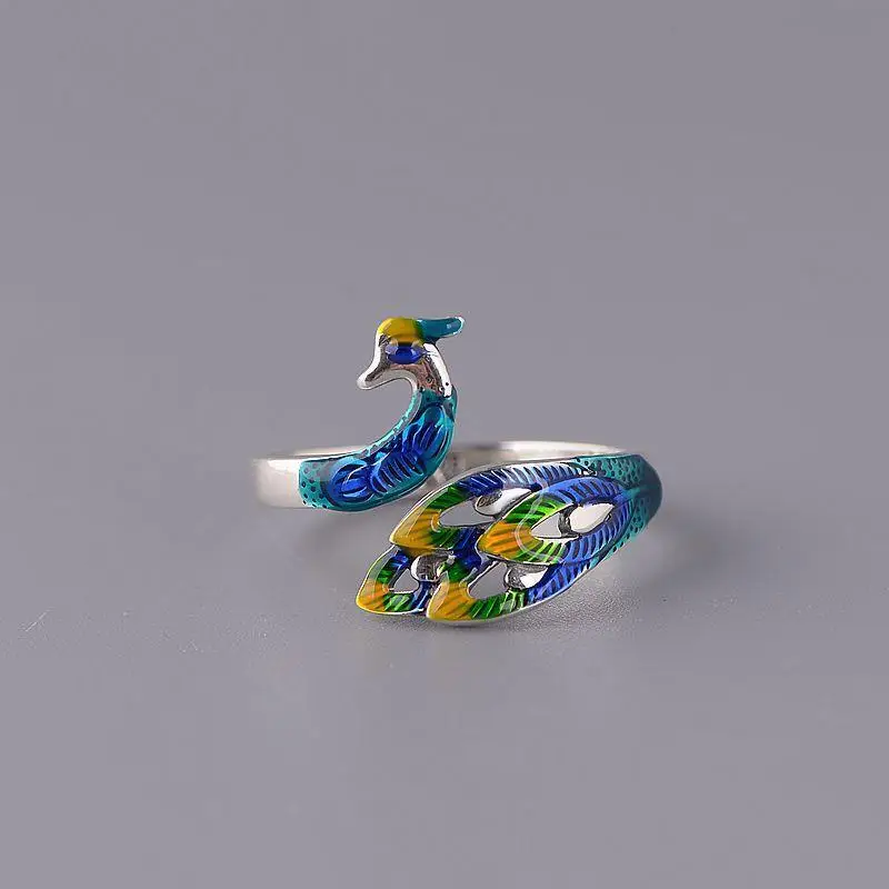 

New Chinese Landscape Thai Blue Craft Peacock Open Screen Ring Female Fashion Wild Open Phoenix Ring Jewelry Accessories