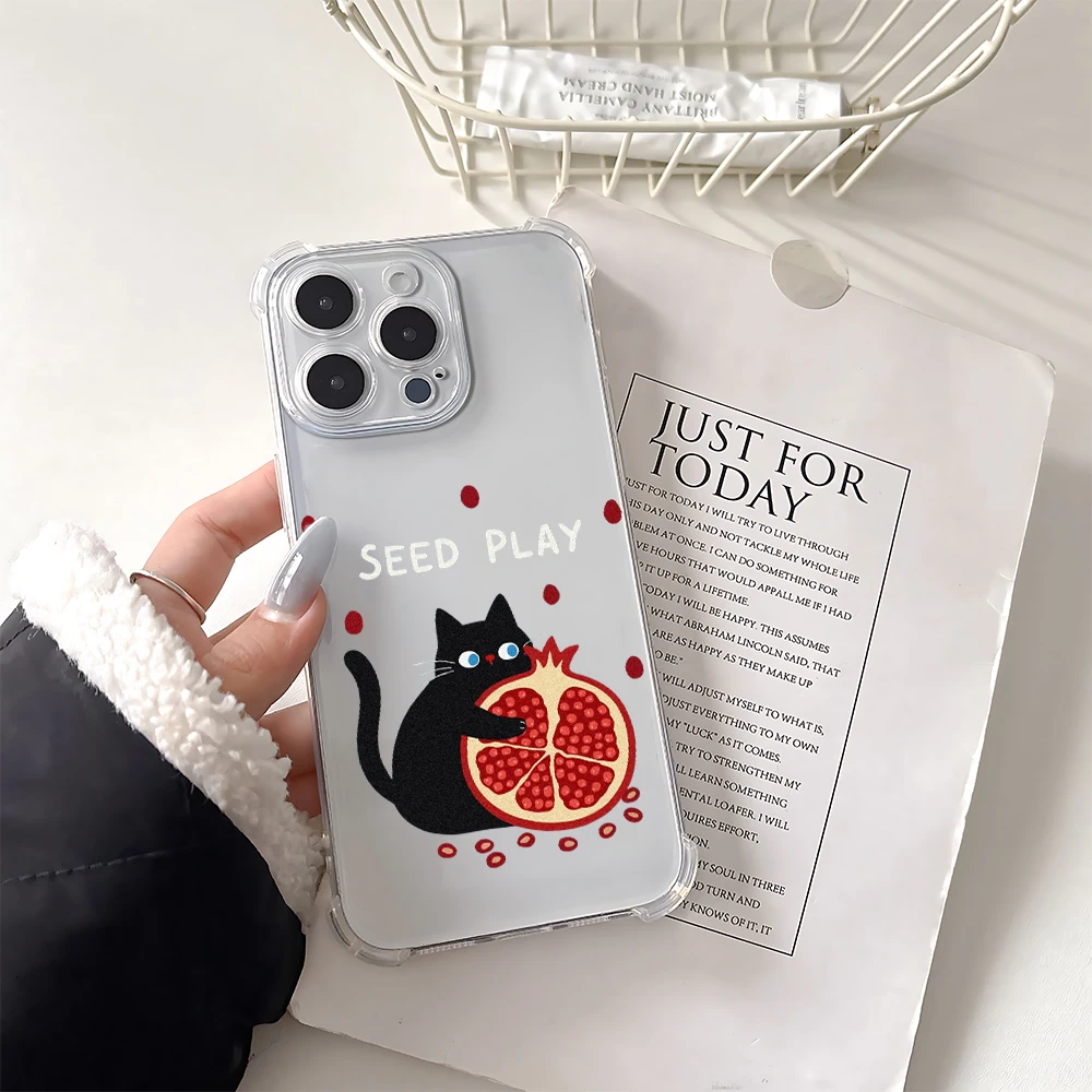 Фото Для iPhone 17 16 15 14 13 12 11 Pro Xs Max Air 16e 7 8 6 6s Plus XR SE 2020 2022 Чехол Cat Pomegranate Силиконовый противоударный чехол №1