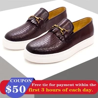mens genuine leather casual shoes metal buttons flat shoes woven patterns handmade loafers mens dating luxury banquet shoes