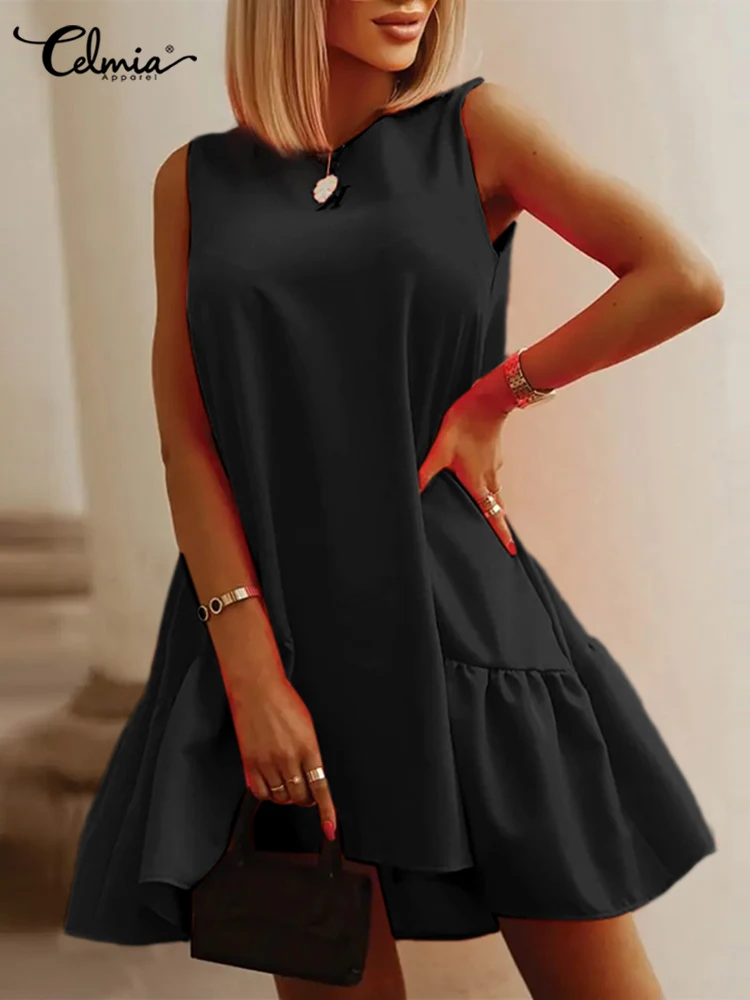 

Celmia 2022 Summer Casual Beach Sundress Stitching Hem Women Streetwear Round Neck Vest Dress Fashion Sleeveless Short Dresses