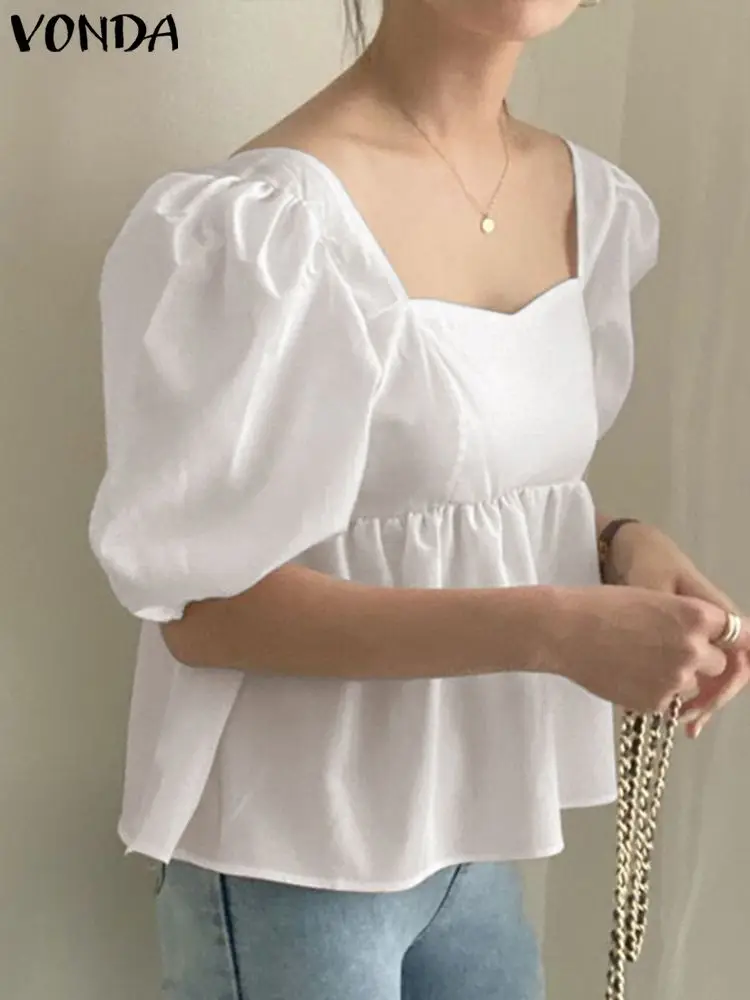 

Модная блузка VONDA 2022 Y2K с коротким пышным рукавом, летняя Женская Повседневная рубашка, топы, однотонные уличные Блузы с квадратным вырезом, ...