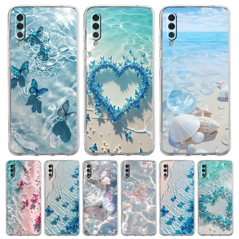 Фото Чехол для Samsung A56 A36 A26 A16 A14 A12 A22 A32 5G A34 A42 A52 A54 A50 A70 A40 A20S A04S A06 Cover Blue Butterfly Ocean Waves №1