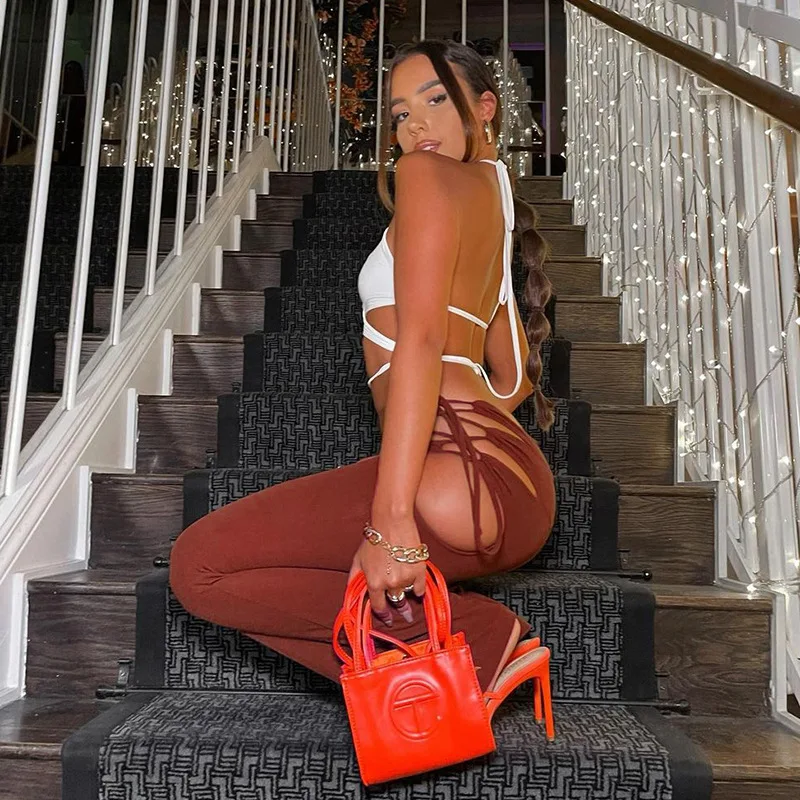 

Sexy Side Hollow Out Lace Up High Waisted Flare Pants Women White Brown Bottoms Trousers Fall Trendy Clothes Womens Work Pants