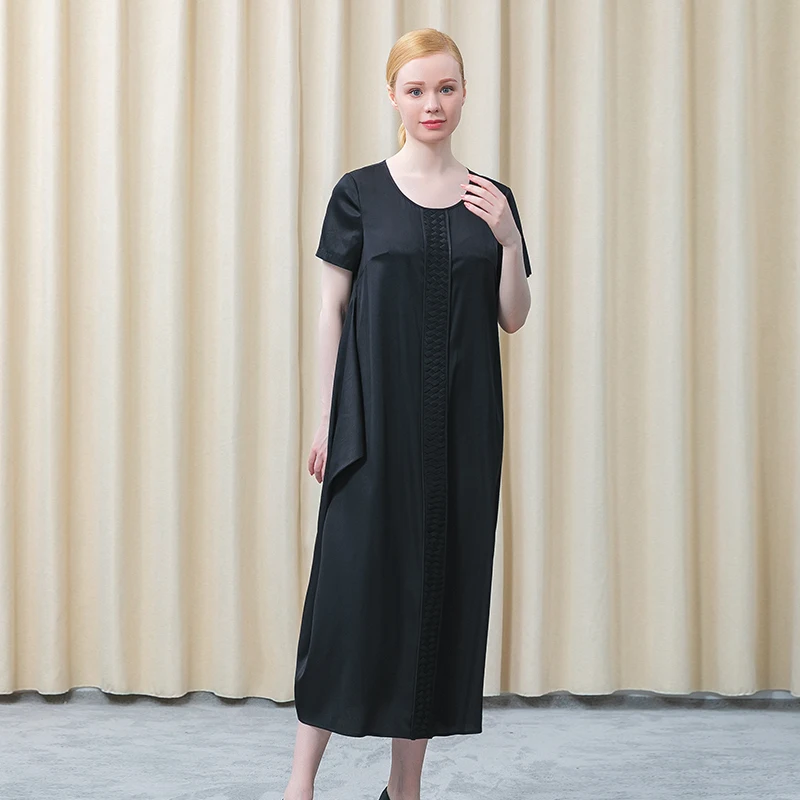 

Silk Elastic Twill Black Round Neck Short Sleeve Three-dimensional Woven Decoration Asymmetric Loose Refreshing Dress AE909