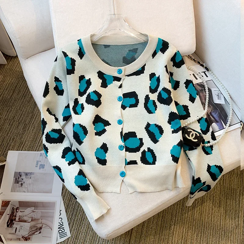 Новое поступление осени 2024 корейский стиль разумный дизайн леопардовый кардиган