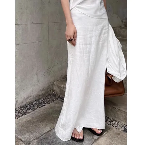 Женская винтажная длинная юбка, Повседневная белая хлопковая прямая юбка макси с высокой талией и разрезом, офисная юбка для лета, 2024