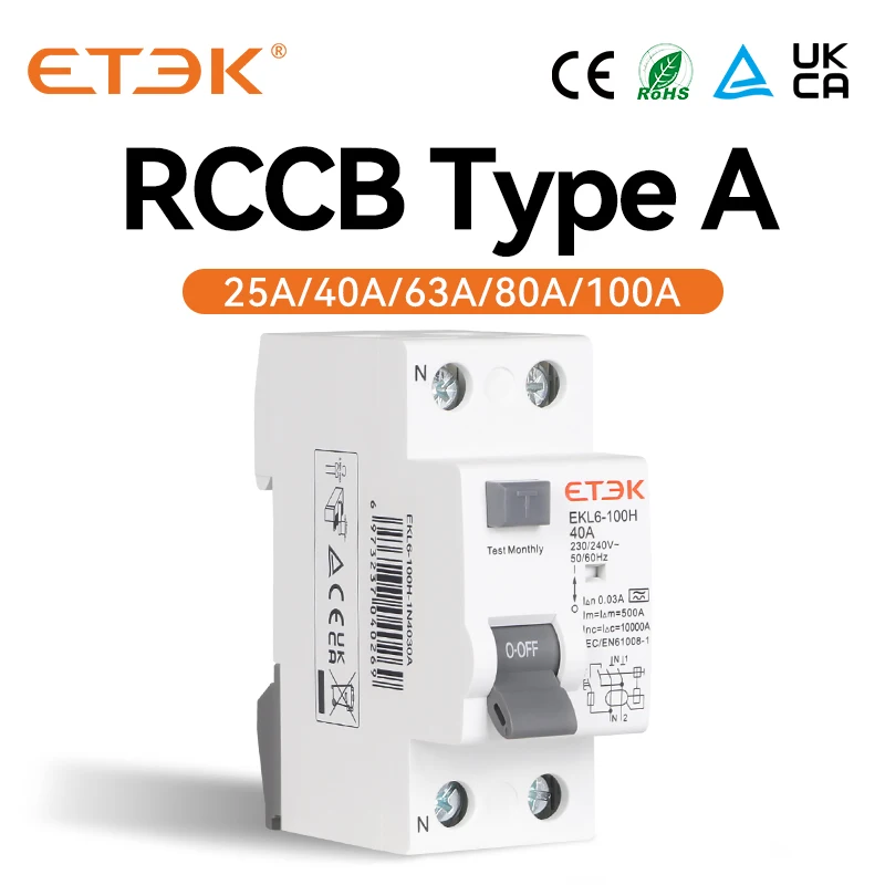 

ETEK RCD RCCB Type A Electromechanic Residual Current Circuit Breaker AC 2P 2Pole 10KA 25A 40A 63A 80A 100A 230V 30ma EKL6-100H