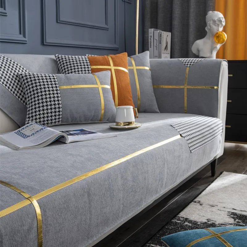 

Four Seasons Universal Chenille Glenger Splicing Sofa Cushion Modern Simple Gold line Houndstooth Anti-skid Sofa Cushion Towel