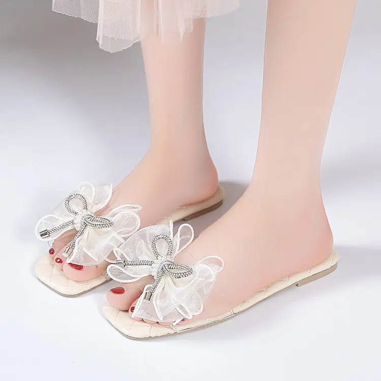 Women's Casual Bow Beach Bling Slippers 2023 Summer New Fashion Flats Shoes Ladies Slingback Flip Flops Slides Zapatos De Mujer