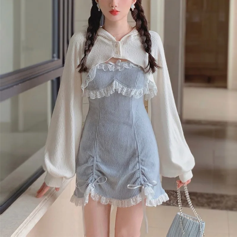 

Милое женское платье в стиле «лолита», розовое, синее мини-платье с кружевным бантом, женская трикотажная юбка в японском стиле, платье-свитер принцессы
