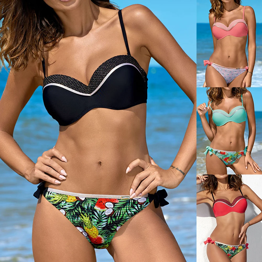 

Push Up Bikinis Women Swimsuit Two Piece Bandeau Swimwear Sexy Bordered Bikini Set Summer Bather Beachwear