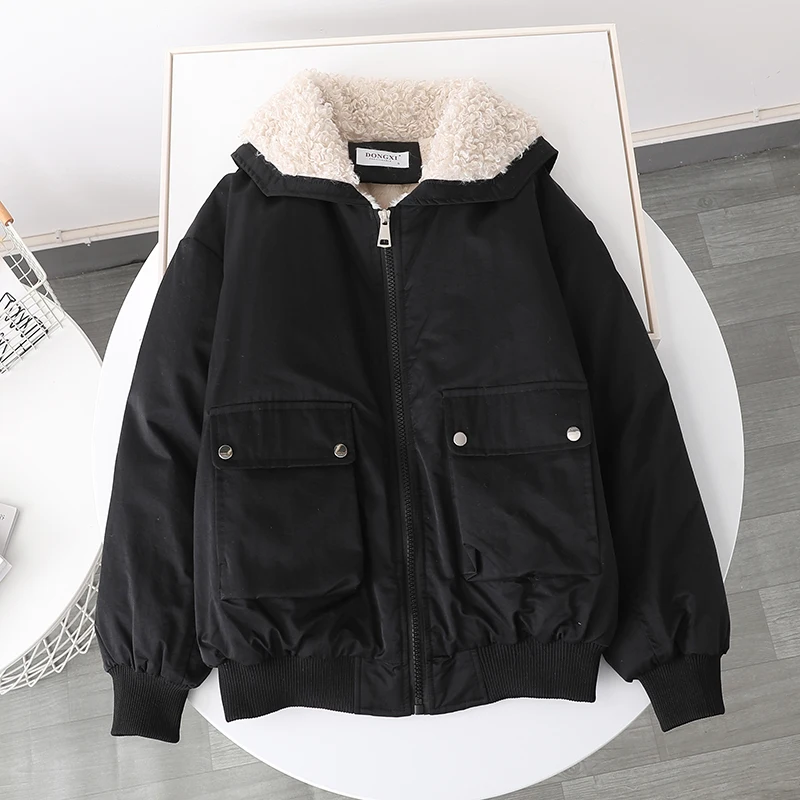 Autumn And Winter  Velvet Liner Candy-colored Tooling Women's Loose Coat Collar Wool Collar Imitation Lamb Student Jacket korean