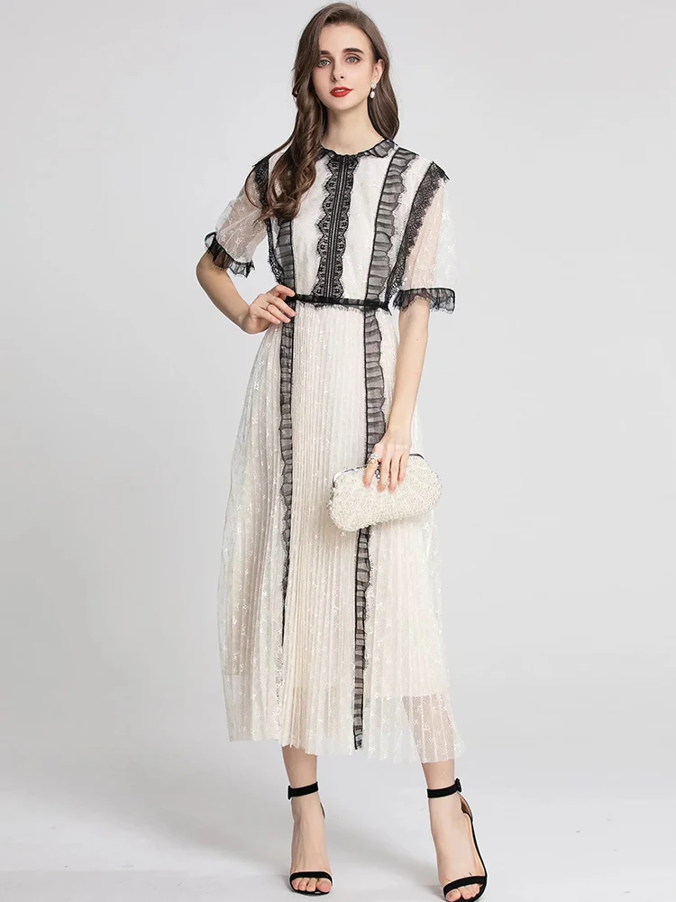 

MoaaYina, модное дизайнерское платье, летнее женское платье, кружевное лоскутное платье с коротким рукавом и оборками, винтажные вечерние плать...