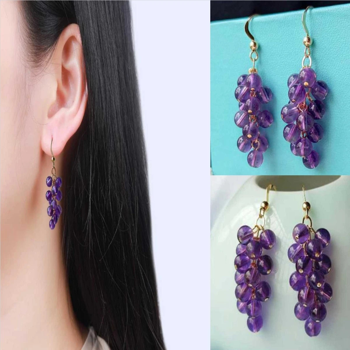 Серьги из натуральных Аметистовых Бусин Виноградный кластер серьги-капли