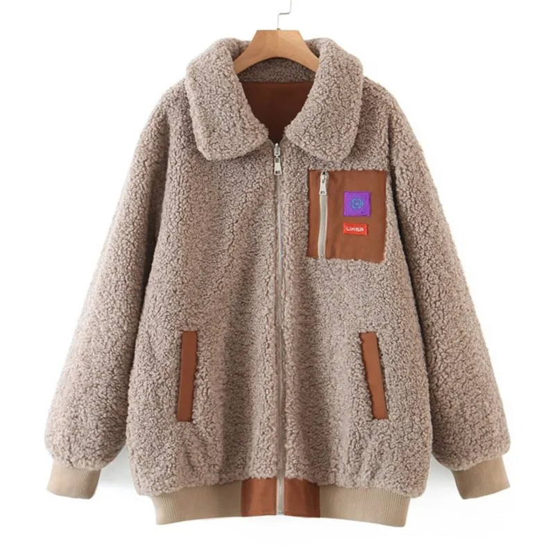 Good Quality Lambswool Coat Women Plus Size 2022 Winter Retro Reversible Preppy Style Warm Berber Fleece Jacket Curve Clothes