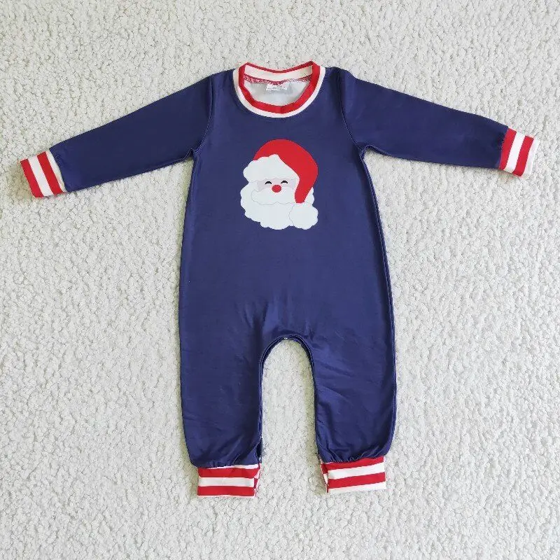 

2022 Christmas boys romper Santa Clause pattern long sleeve 100% cotton button design navy blue infant baby clothing sets