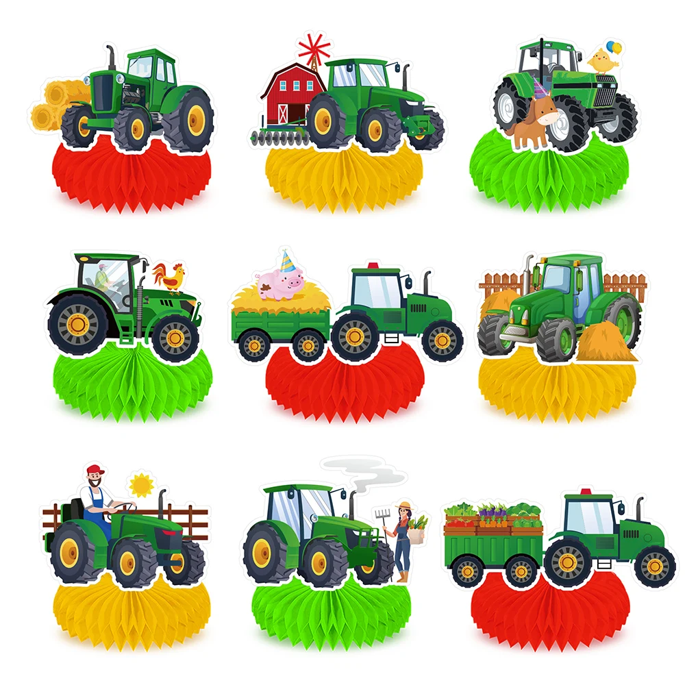 

9pcs Cartoon Farm Tools Tractor Truck Birthday Party Paper Honeycomb Crafts Table Wall Backdrops Baby Shower Party Decorations