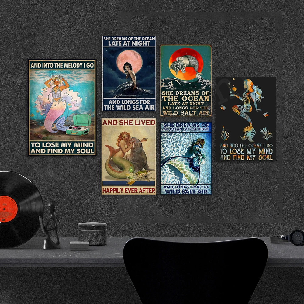 

Мечтательный океан, поиск дикой океанской русалки в мелодии, я потеряю свое сердце и нахожусь своей душой, ретро-постер русалки для океана