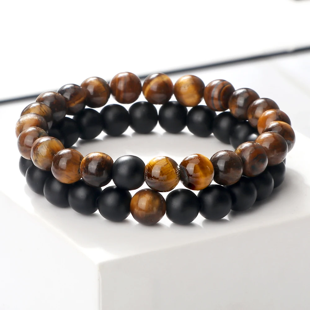 

2 Pcs/set Fashion Couple Tiger Eye Stone Bracelets Bangles Classic Black White Natural Lava Stones Charm Bead Bracelet Women Men