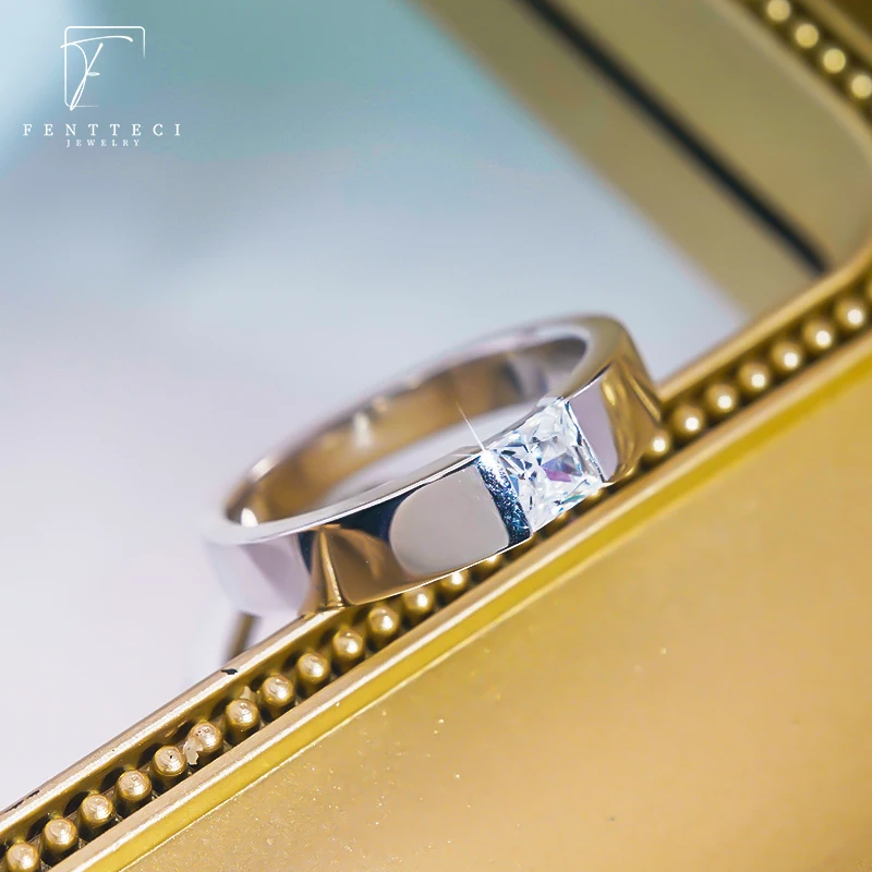 FENTTECI S925 Sterling Silver AAAAA Zircon Men's Diamond Ring Wedding Ring Square Stone Couple's Ring For Men Boyfriend Gift