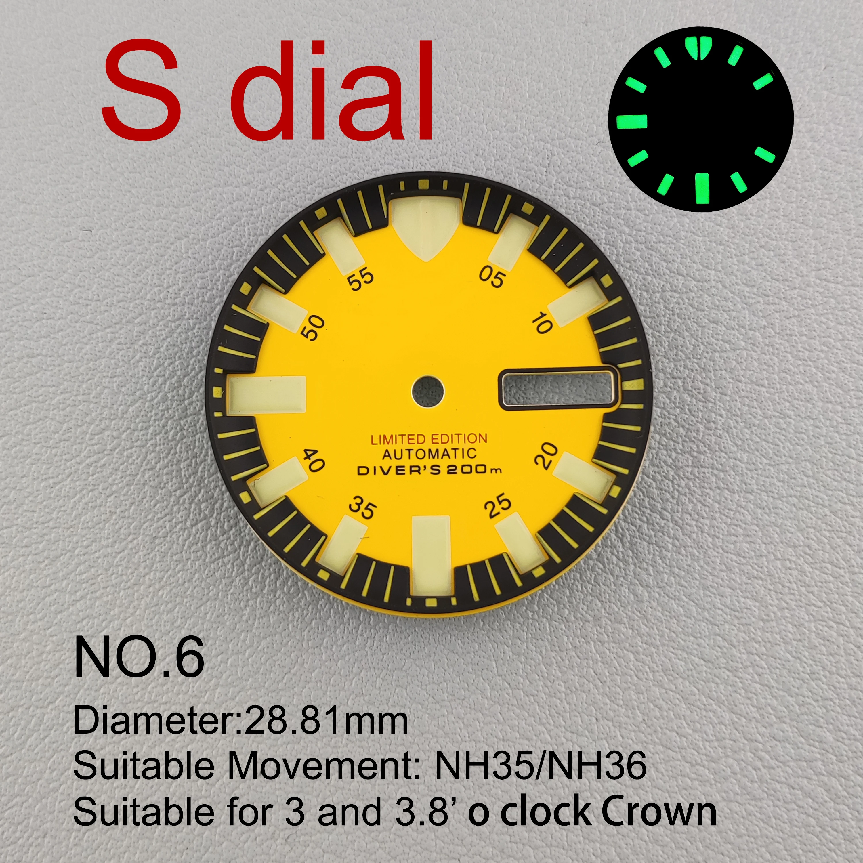 

Watch Parts 28.5mm Strong Green Luminous C3 Watch Mod Dial For NH35/Nh36 Automatic Movement With S Logo Watch Accessories Part