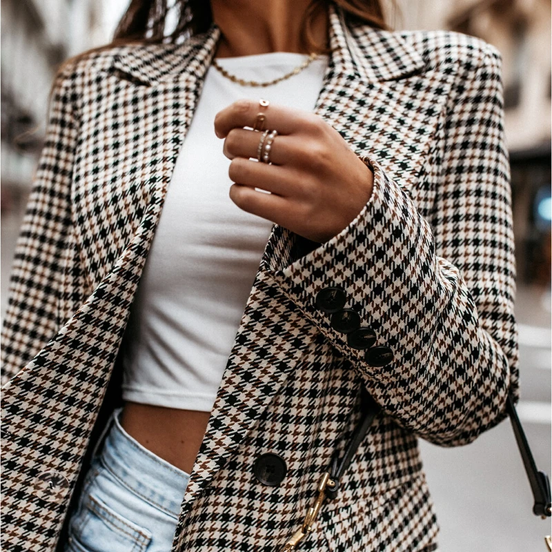 Fall 2023 Long-sleeved Fashion Plaid Suit Collar Double-breasted Slim Slimming Suit Temperament Commuter Jacket Women's Clothing