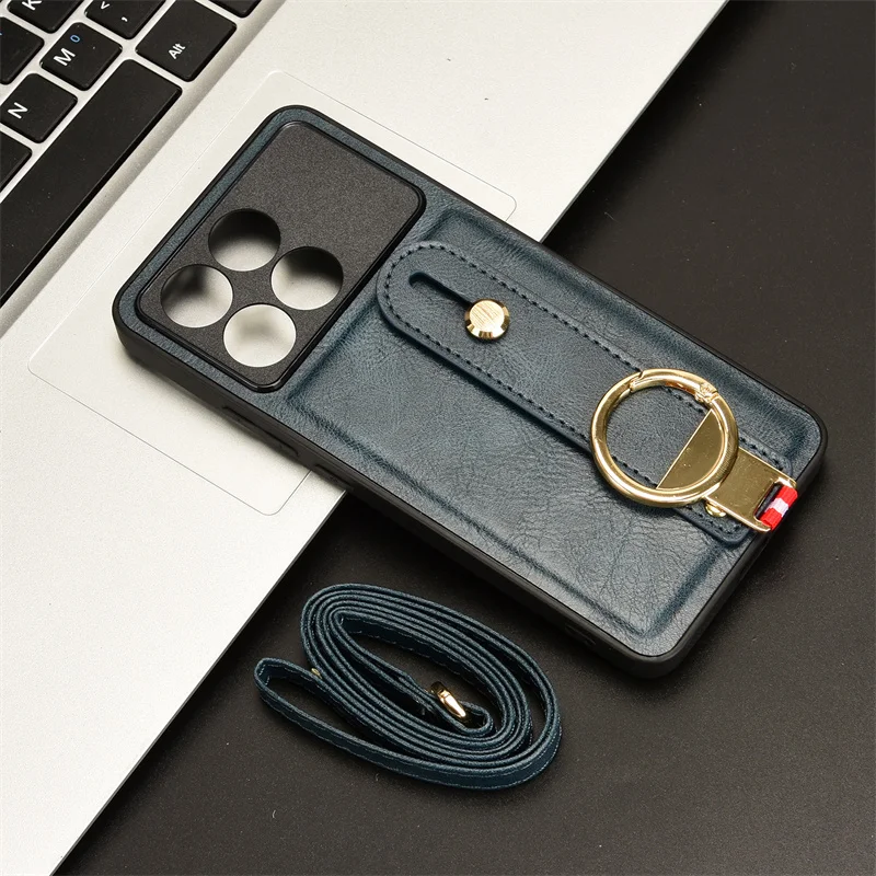 Противоударный деловой кожаный чехол для Xiaomi Poco X6 Pro с ремешком на руку Redmi K70E k70e