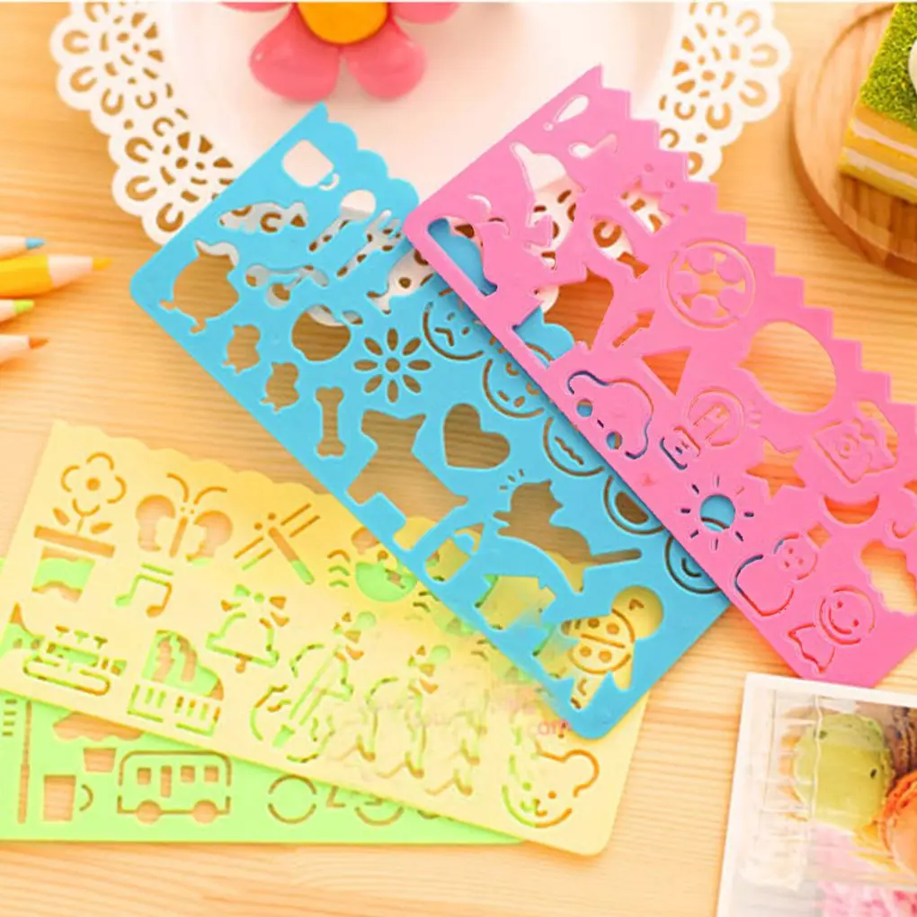 

4 Pieces Portable Cartoon Style Drawing Drafting Template Set Ruler Adorable Graphics Symbols Stencil Board Pattern Random