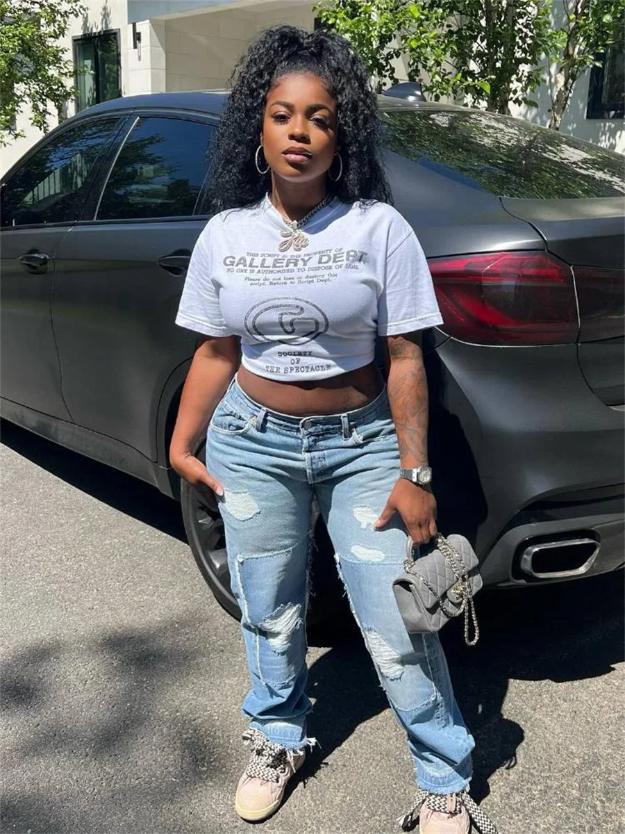 LW Plus Size Geometric Letter Print T-shirt Crew Neck Short Sleeve Short Top For Women Casual Fashion Trendy Large Sizes Tees