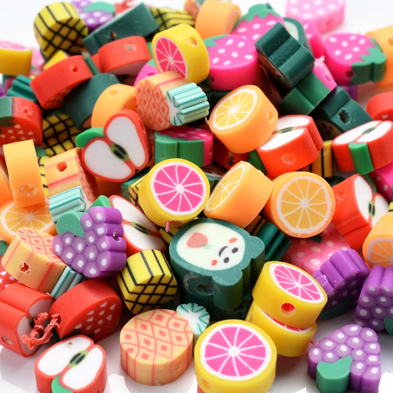 

30Pcs Polymer Clay Beads Mixed Fruit Animal Multicolor Round Flat Loose Spacer Beads For DIY Jewelry Bracelet Earring Making