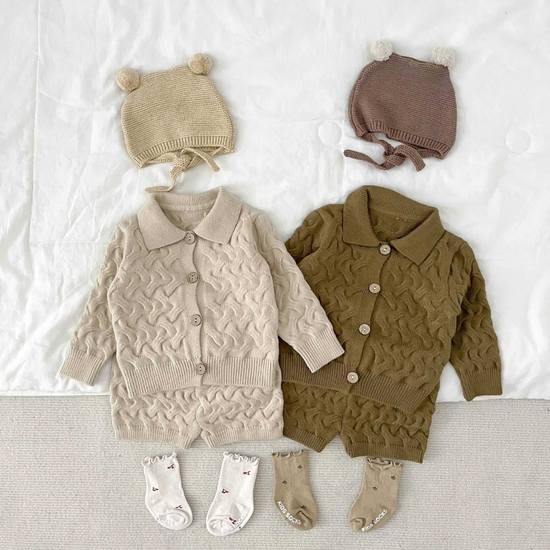 

Autumn Winter Warm Sweater Suit Boy Girl Children Knitted Casual Solid Tops + Shorts 2pcs Baby Cotton Fashion Knitting Coat Set