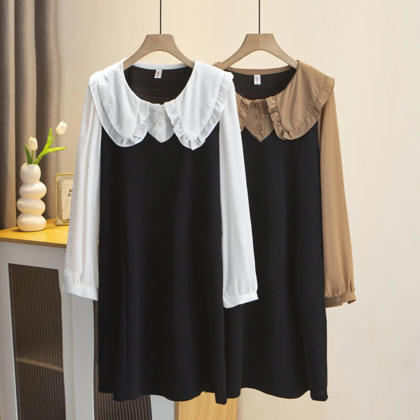 2023 Autumn Clothes Women Plus Size Dress Fashion Peter Pan Collar Casual Mid Length Contrast Color Long Sleeve One-Piece