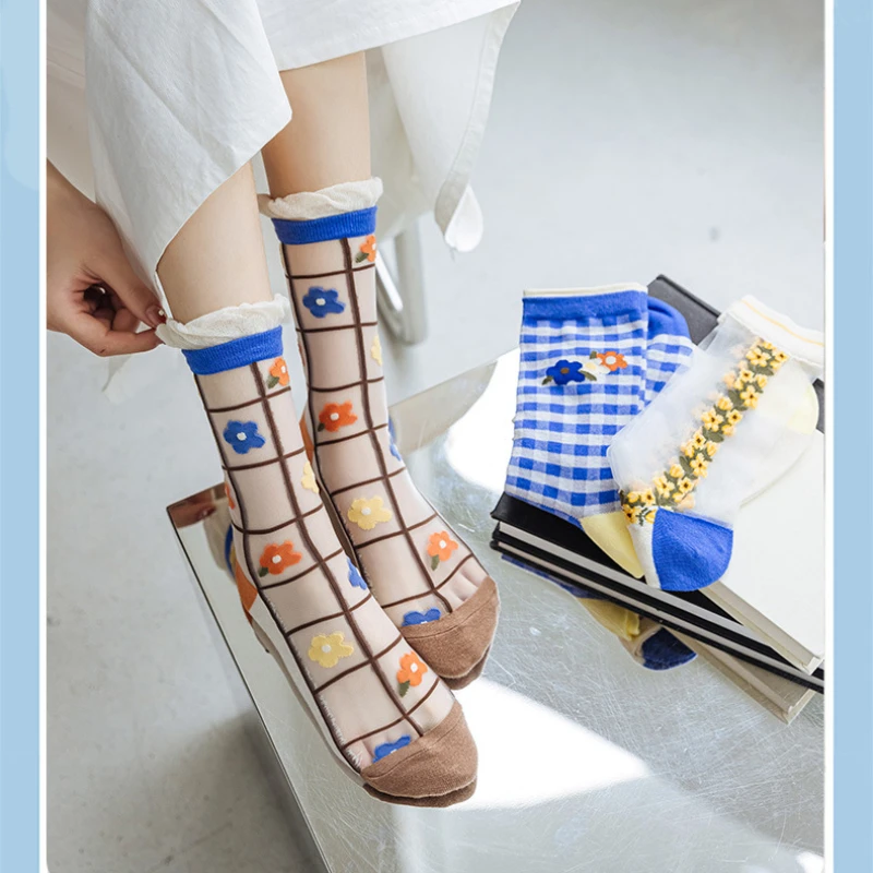 

Summer Mesh Thin Section Breathable Blue Transparent Glass Stockings In The Tube Cartoon Flower Crystal Silk Cotton Bottom WOMEN