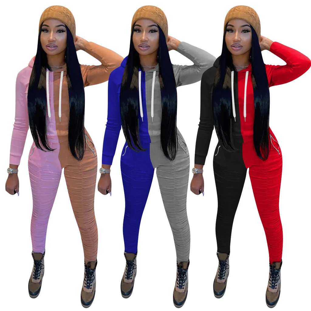 

Patchwork Color Long Sleeve Outfit Autumn Winter Women 2 Pieces Set Lace Up Hooded T-shirt + Long Pencil Pants Sport Streetwear
