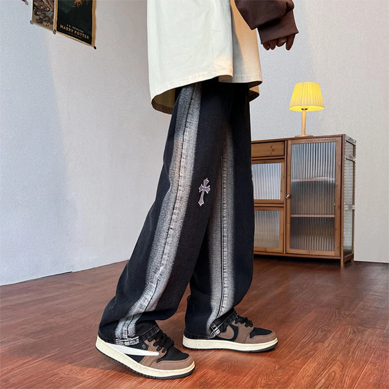 Mens Trousers Retro Cross Patch Distressed Straight Jeans Pants High Street Streetwear Fashion Loose Washed Denim Pants Unisex