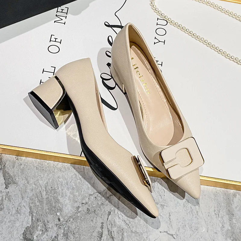 Plus Size 35-43 Women Pumps Pointed Toe Chunky 5cm Heel Pumps Office Lady Leahter Dress Shoes Fashion Buckle Slip on Female