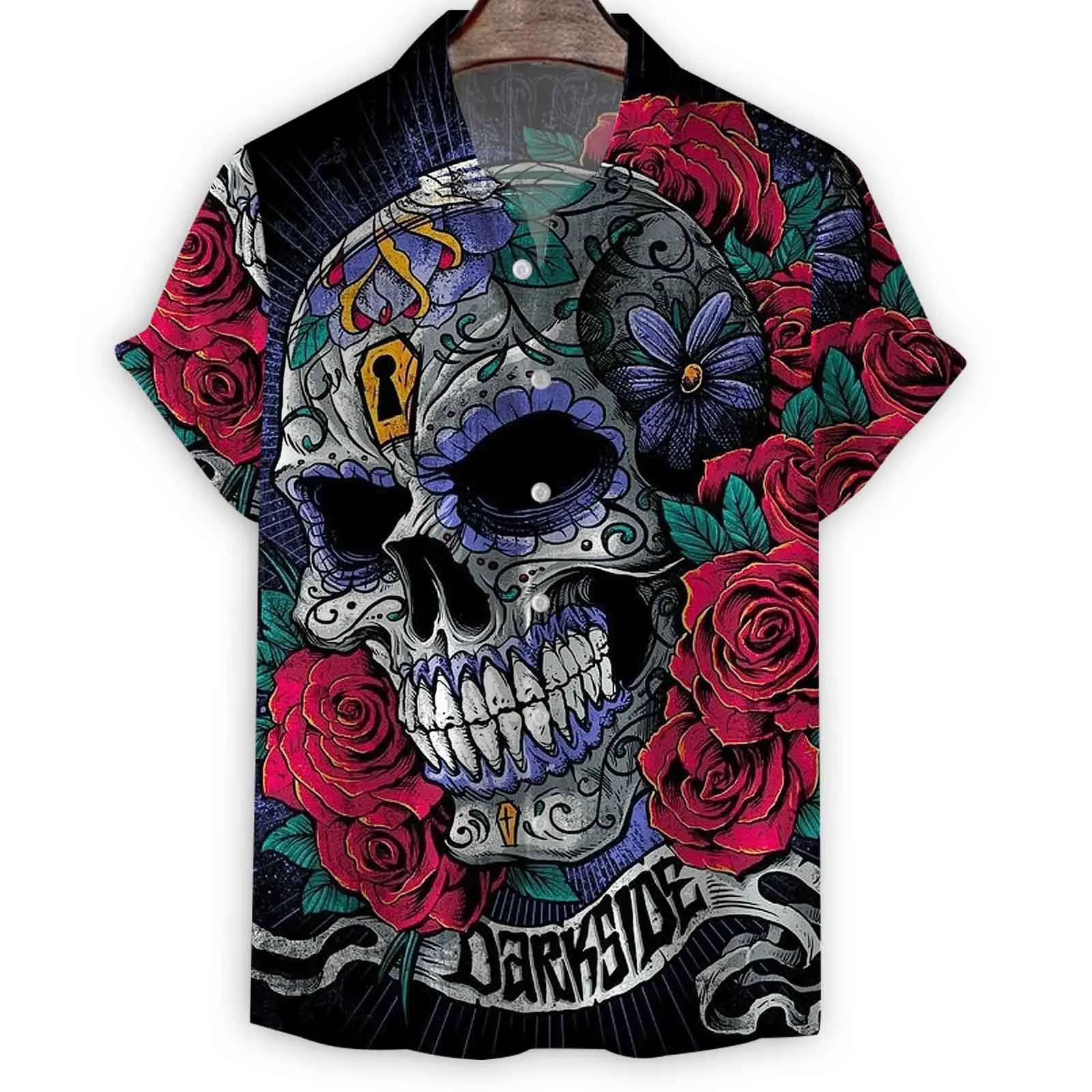 

Гавайская роскошная мужская рубашка, винтажная одежда с 3D-принтом черепа и ужасов, уличный топ свободного кроя с короткими рукавами, больши...