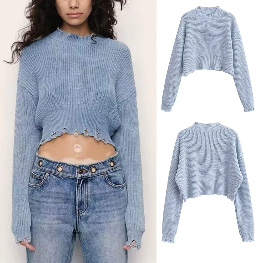 

New autumn and winter women's retro lazy atmosphere ripped round neck small knitted sweater