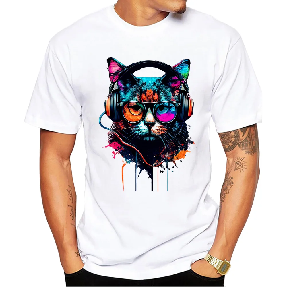 Teehub Vintage Kopfhörer 3d Katze Männer Tops Musik Katze drucken T-Shirt O-Ausschnitt Männer Kleidung Kurzarm männlich lässig Streetwear – Detail 4