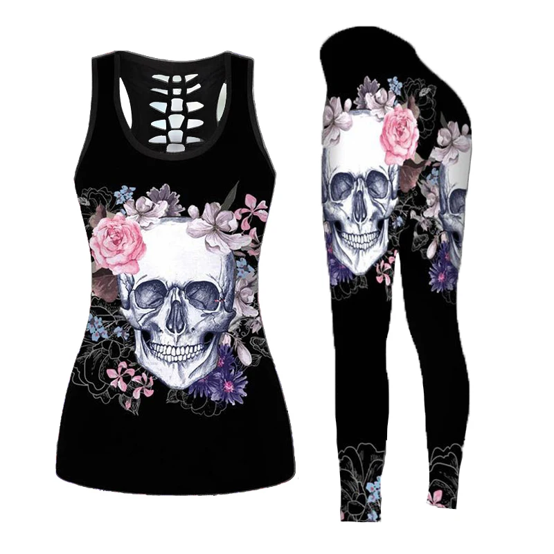 

Floral Dark Skull Gothic Legging&Hollow Tank Top Set Yoga Pants Print Vest Backless Camisoles for Girl Streetwear