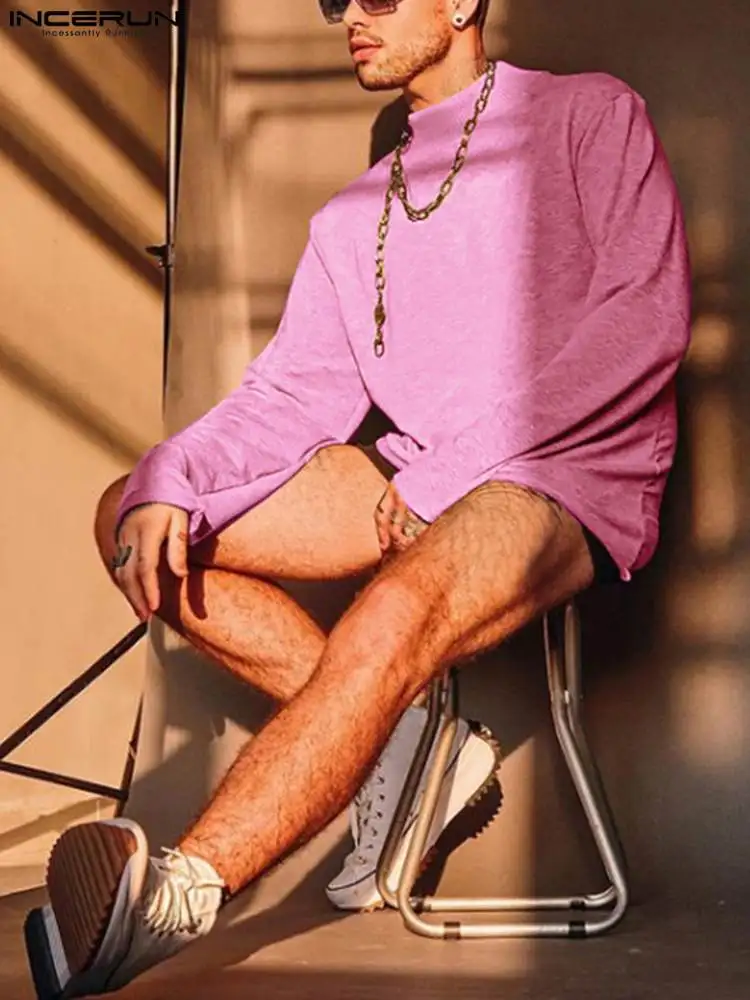 

Модная новинка от INCERUN, Мужская однотонная женская подходящая ко всему простая футболка с высоким воротником, свитер с длинным рукавом, женс...