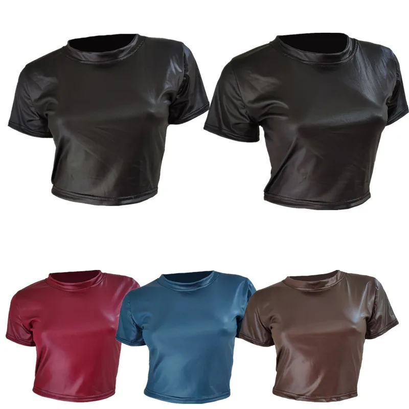 

Women Faux Leather T-Shirt Crop Tops Short Sleeve Sexy Punk Midriff Tee Clubwear Women Shirt футболка Women Crop Top