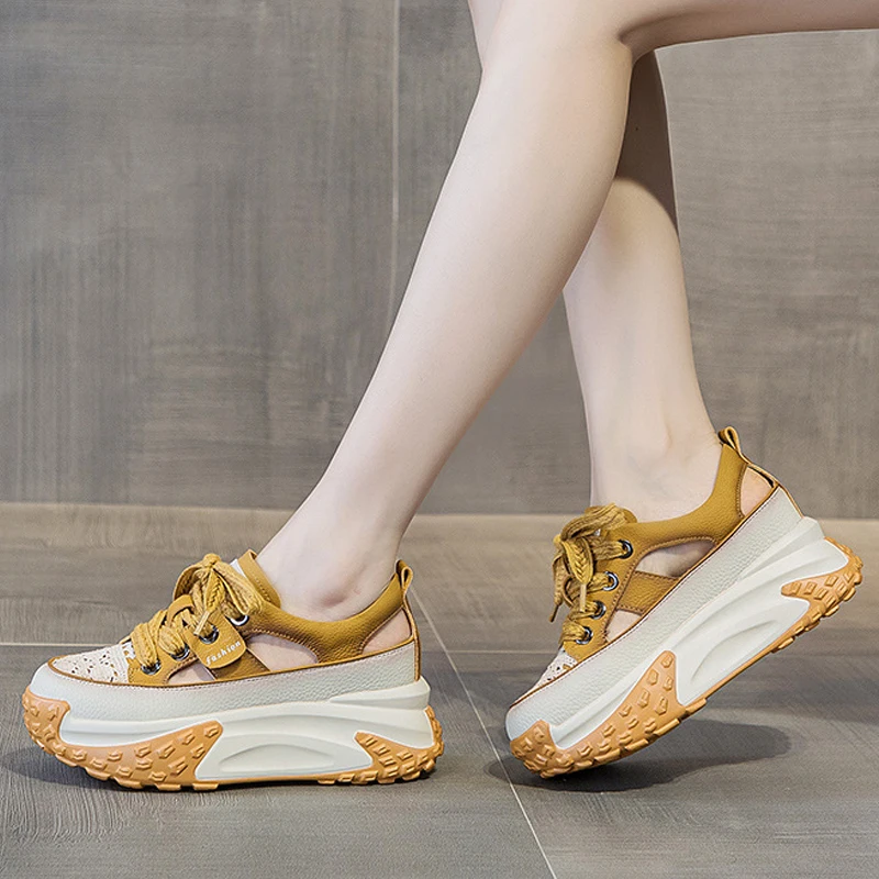 7cm Genuine Leather 2023 Platform Wedge Comfy Fashion Lace Breathable Women Chunky Sneakers Summer Hollow Leisure Female Shoes