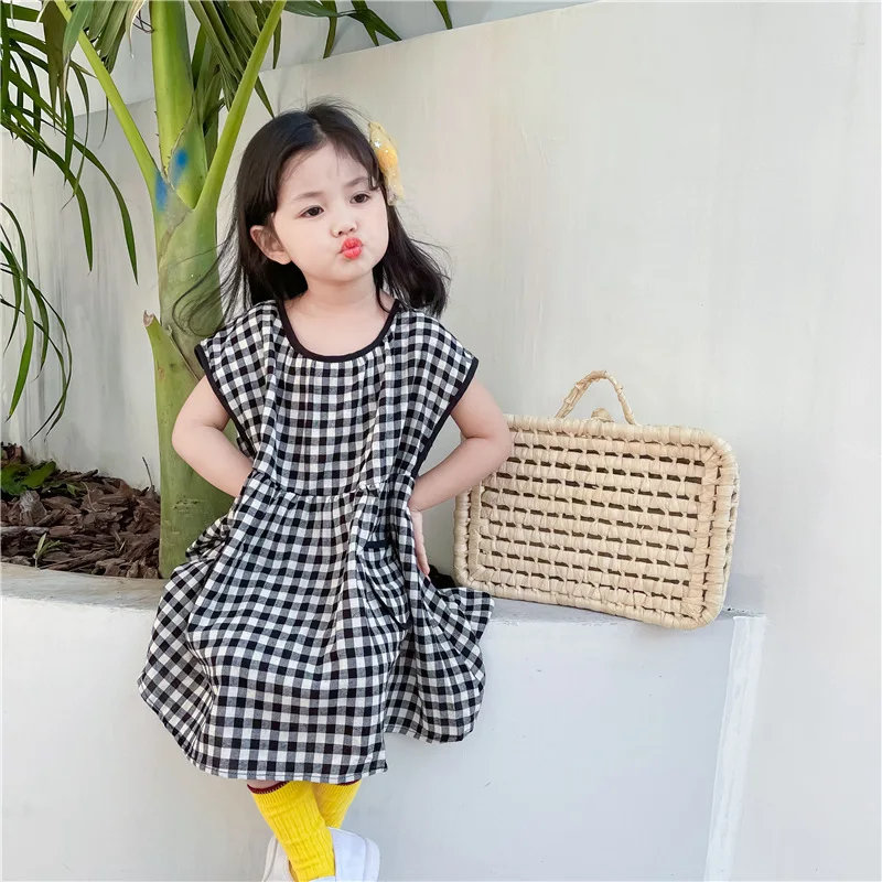 

Girls' Literary Style Cotton Linen Dress Children's Vintage Plaid Vest Children's Clothing Sen Department Sweet Sleeveless Dress
