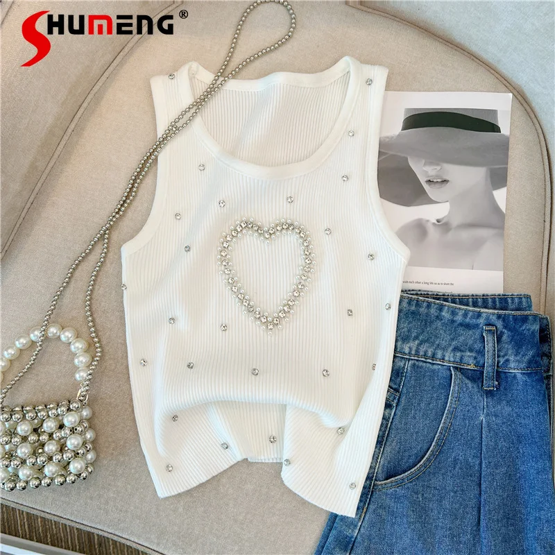 

Design Sense Exquisite Rhinestone Beaded Camisole Women's Summer Slim Fit Inner Wear Vest Outer Wear Ice Silk Knitted Tank Top