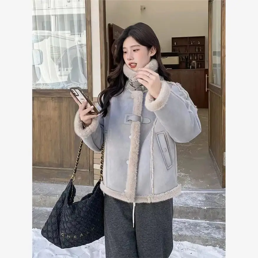 Haze Blue Lamb Wool Верхняя одежда Женская зимняя популярная высококачественная