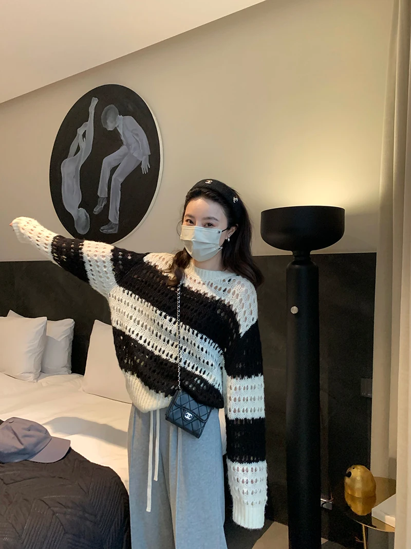 

Hsa 2022 Женская Полосатая осенне-весенняя одежда ручной работы, ВЯЗАННЫЙ ПУЛОВЕР С Длинным Рукавом, вязанный Топ